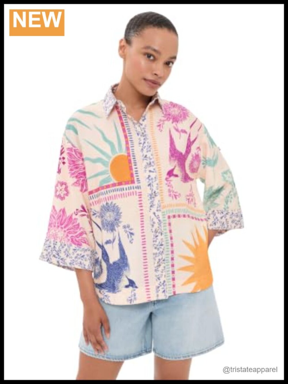 Floral 3/4 Sleeve Button-Down Shirt Lightweight Hammered Weave